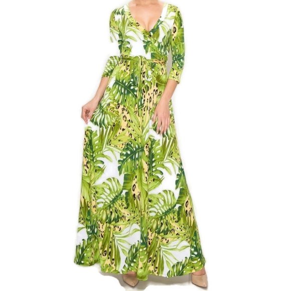 Janette Fashion Leopard Lime Banana Leaves Faux Wrap Maxi Dress - Picture 4 of 4